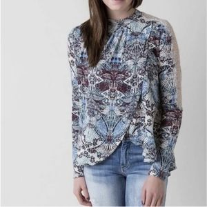 Free People New World Snow Combo Blue lue Plum Tulip Front Blouse S/P